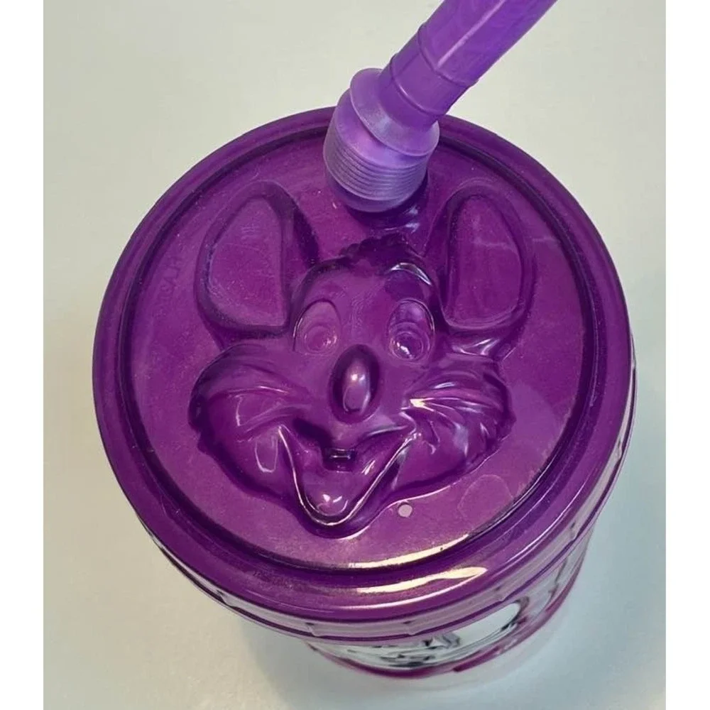 Chuck E Cheese Purple Souvenir Cup Removable Sleeve‎ Lid 2021 Flawed Straw